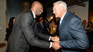 Jerry West and Kobe Bryant greet before the game between the Golden State Warriors and the Los Angeles Lakers on December 18, 2017 at STAPLES Center in Los Angeles, California.
