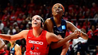 Oct 10, 2019; Washington, DC, USA; Washington Mystics forward Elena Delle Donne (11) boxes out Connecticut Sun forward Jonquel Jones (35) during the third quarter in game five of the 2019 WNBA Finals at Entertainment and Sports Ar. Mandatory Credit: Brad Mills-USA TODAY Sports