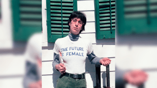 Alix Dobkin poses in a t-shirt that reads "The Future is Female" in Preston Hollow, N.Y. in 1975. Dobkin, the lesbian singer and feminist activist, died in her home from a brain aneurysm and stroke. She was 80. (Liza Cowen via AP)