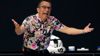 In this Sept. 27, 2020, file photo, Connecticut Sun head coach Curt Miller questions a foul call against the Las Vegas Aces during the first half of Game 4 of a WNBA basketball semifinal round playoff series in Bradenton, Florida.