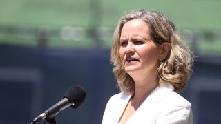 Nassau County Executive Laura Curran speaks at a construction site on May 27, 2020 in Uniondale, New York