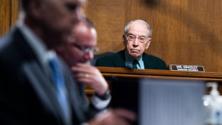 Sen. Chuck Grassley, R-Iowa, Sens. Thom Tillis, R-N.C., left, and Mike Lee, R-Utah., attend the Senate Judiciary Committee hearing titled The Equality Act: LGBTQ Rights are Human Rights, in Dirksen Building on Wednesday, March 17, 2021.