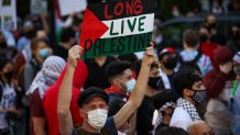 People gather in Brooklyn to demonstrate in support of Palestinians in New York City, United States on May 15, 2021