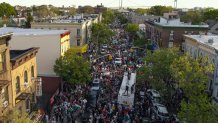 An aerial view of mass crowds taking streets in Brooklyn to demonstrate in support of Palestinians in New York City, United States on May 15, 2021