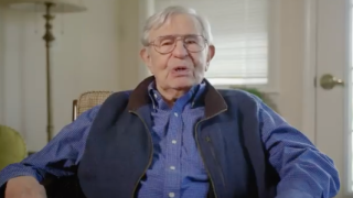 102-year-old Army veteran Bill Swetow participates in a public service announcement for a campaign to vaccinate against COVID-19