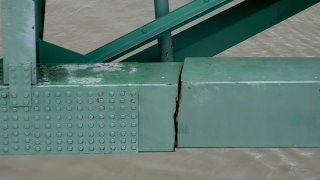 In this undated image released by the Tennessee Department of Transportation shows a crack is in a steel beam on the Interstate 40 bridge, near Memphis, Tenn. The Tennessee Department of Transportation says the crack is in a 900-foot steel beam that provides stability for the Interstate 40 bridge that connects Arkansas and Tennessee over the Mississippi River. The bridge was closed Tuesday, May 11, 2021, after inspectors found the crack.