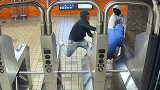 Police said video captured a pair of suspects attack a 64-year-old man at a subway turnstile.