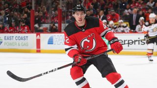 Nathan Bastian #42 of the New Jersey Devils playing in his first NHL game.