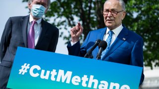 U.S. Senate Majority Leader Sen. Chuck Schumer (D-NY) (L) and Senator Ed Markey (D-MA) participate in a news conference about the Senate vote on methane regulation outside of the U.S. Capitol on April 28, 2021 in Washington, DC.
