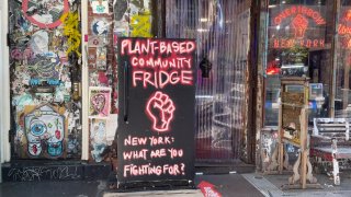 A plant-based fridge outside of Overthrow Boxing Club