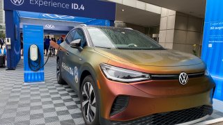 Volkswagen’s test drive booth on July 15, 2021 at the Chicago Auto Show outside of the McCormick Place Convention Center in Chicago.