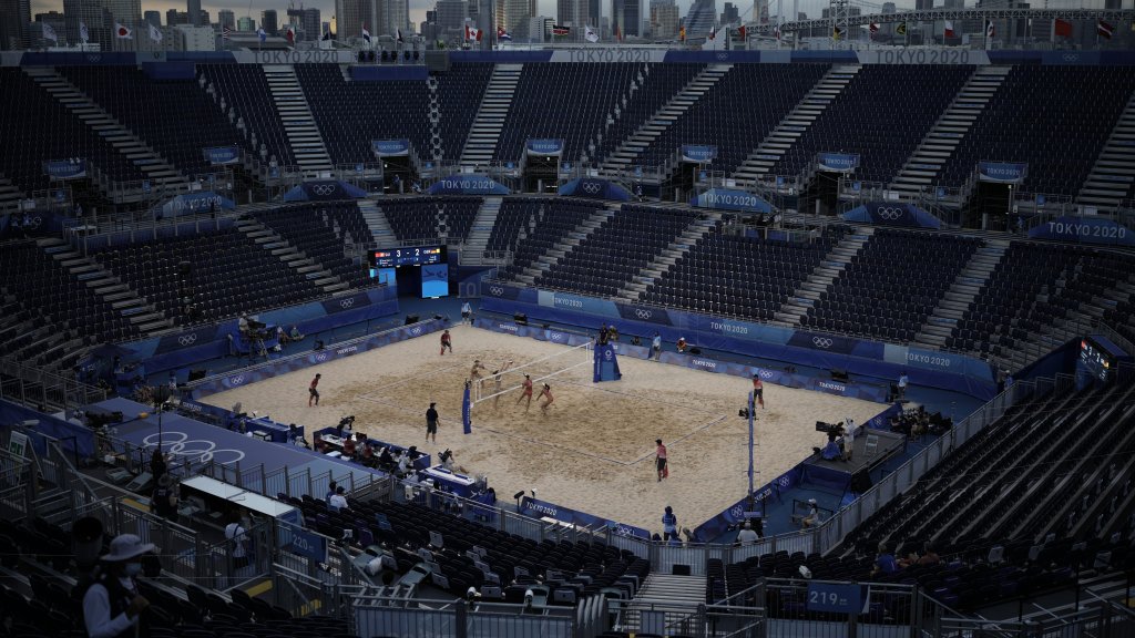 Julia Sude and Karla Borger, of Germany, play against Anouk Verge-Depre and Joana Heidrich, of Switzerland, during a women's beach volleyball match