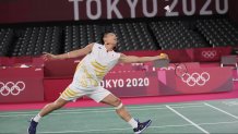 Kento Momota of Japan competes against USA's Timothy Lam during men's singles Badminton match