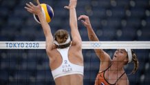 Madelein Meppelink, right, of the Netherlands, takes a shot as Alix Klineman, of the United States defends