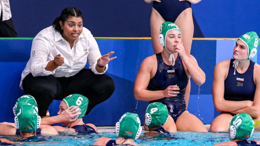 Head coach Delaine Mentoor of South Africa during the Tokyo 2020 Olympic Waterpolo Tournament women match between Canada and South Africa at Tatsumi Waterpolo Centre on July 28, 2021 in Tokyo, Japan.