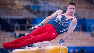 Brody Malone competes on pommel horse
