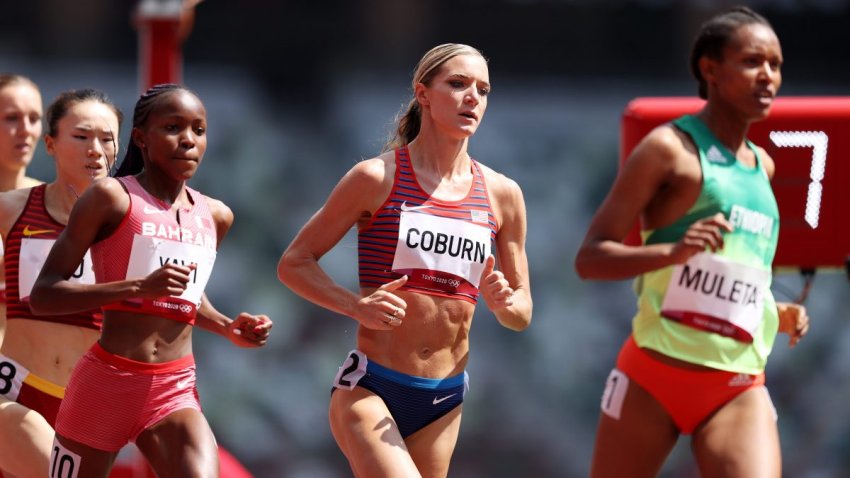 Emma Coburn of Team United States competes in round one of the Women's 3000m Steeplechase heats on day nine of the Tokyo 2020 Olympic Games at Olympic Stadium on August 1, 2021, in Tokyo, Japan.