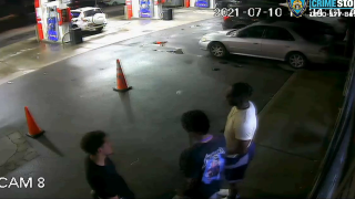 Police say surveillance video shows three men wanted in connection to a carjacking at a Harlem gas station.