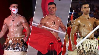 Pita Taufatofua, Tonga's most well known flag bearer, leads the Tonga delegation during the opening ceremonies of the Tokyo Olympics, the 2018 Pyeongchang Olympics and the 2016 Rio Olympics respectively.