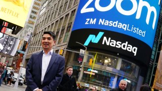 Eric Yuan, CEO of Zoom Video Communications poses for a photo after he took part in a bell ringing ceremony at the NASDAQ MarketSite in New York, April 18, 2019.