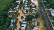 An aerial view of flooded streets are seen in Helmetta of New Jersey, United States on August 22, 2021 as Tropical Storm Henri hit east coast. (Photo by Tayfun Coskun/Anadolu Agency via Getty Images)