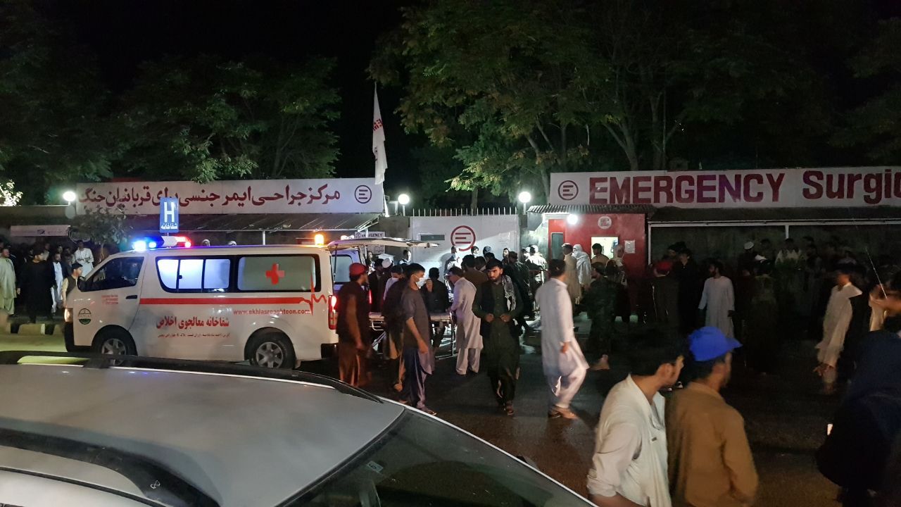 Injured people being carried to a hospital as unspecified number of casualties reported after two explosions outside Hamid Karzai International Airport in Kabul, Afghanistan on August 26, 2021.