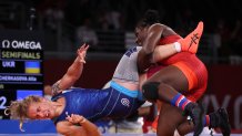 Tamyra Mensah-Stock of Team USA competes against Alla Cherkasova of Team Ukraine during the Women's Freestyle 68kg Semifinal on day ten of the Tokyo 2020 Olympic Games at Makuhari Messe Hall on August 02, 2021 in Chiba, Japan.