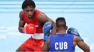 Keyshawn Davis of Team United States in action during the Men's Light (57-63kg) Final bout between Keyshawn Davis of Team United States and Andy Cruz of Team Cuba on day sixteen of the Tokyo 2020 Olympic games at Kokugikan Arena on Aug. 8, 2021, in Tokyo, Japan.