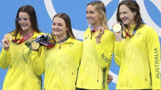 Australian swimming gold Medalists Kaylee McKeown; Chelsea Hodges; Emma McKeon and Cate Campbell.