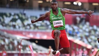 Burkina Faso's Hugues Fabrice Zango competes in the men's triple jump final during the Tokyo 2020 Olympic Games