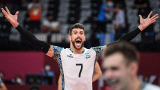 Argentina's Facundo Conte celebrates their victory in the men's bronze medal volleyball match between Argentina and Brazil during the Tokyo 2020 Olympic Games