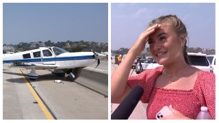 Left: The Piper PA-32 aircraft that landed on Interstate 5 on Tuesday, Aug. 24, 2021. Right: Sarah Tribett of Austin, Texas.
