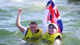 British sailors celebrate in the water