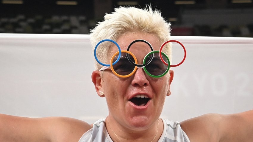Gold medallist Poland’s Anita Wlodarczyk celebrates after the women’s hammer throw final during the Tokyo 2020 Olympic Games at the Olympic Stadium in Tokyo on August 3, 2021. (Photo by Andrej ISAKOVIC / AFP) (Photo by ANDREJ ISAKOVIC/AFP via Getty Images)