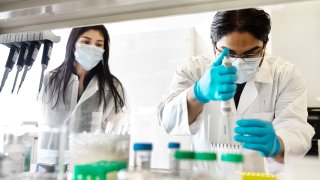 Mirimus lab scientists preparing to test COVID-19 samples from recovered patients on April 8, 2020 in Brooklyn, New York.