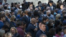 From left, former President Bill Clinton, former Sec. of State Hillary Clinton, former President Barack Obama, First Lady Michelle Obama, President Joe Biden, and First Lady Dr. Jill Biden, attend ceremonies to commemorate the 20th anniversary of the Sept. 11 terrorist attacks