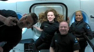 This photo provided by SpaceX shows the passengers of Inspiration4 in the Dragon capsule on their first day in space. They are, from left, Jared Isaacman, Hayley Arceneaux, Chris Sembroski and Sian Proctor. SpaceX got them into a 363-mile (585-kilometer) orbit following Wednesday night’s launch from NASA's Kennedy Space Center. That's 100 miles (160 kilometers) higher than the International Space Station.