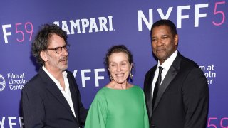 Director, producer, writer Joel Coen, from left, actor-producer Frances McDormand and actor Denzel Washington pose together at the 59th New York Film Festival opening night screening of "The Tragedy of Macbeth" at Alice Tully Hall