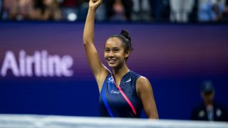 Leylah Fernandez of Canada celebrates her victory over Aryna Sabalenka of Belarus in the semifinals of the women’s singles of the US Open at the USTA Billie Jean King National Tennis Center on September 09, 2021 in New York City.