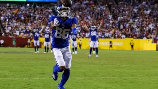 Darius Slayton #86 of the New York Giants unable to make a reception in the endzone late in the fourth quarter against the Washington Football Team at FedExField on September 16, 2021 in Landover, Maryland. (Photo by Rob Carr/Getty Images)