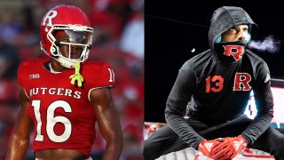 Max Melton #16 of the Rutgers Scarlet Knights (left) and Chris Long #13.
