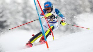 United States' Mikaela Shiffrin speeds down the course during an alpine ski, women's World Cup slalom in Lenzerheide, Switzerland, Saturday, March 20, 2021.