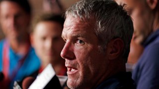 Pro Football Hall of Fame 2016 inductee Brett Favre talks to reporters Friday, Aug. 5, 2016, in Canton, Ohio.