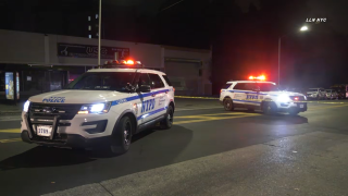 Police cruisers sit at the scene of a deadly hit-and-run in Brooklyn.