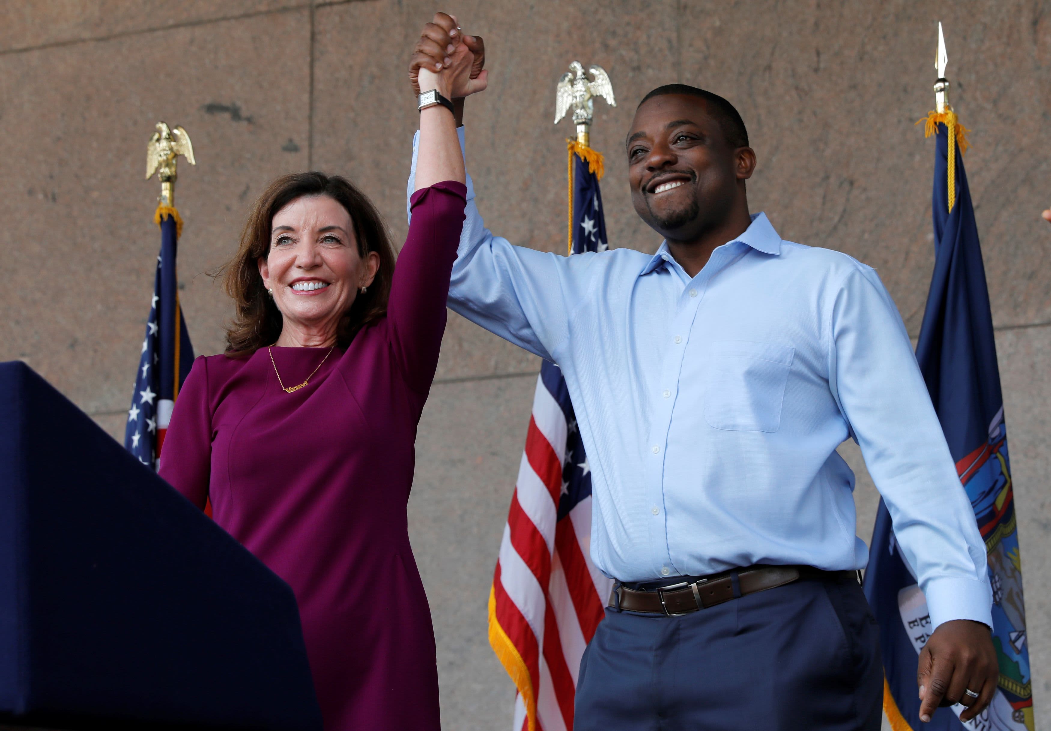 New York, United States. 27th June, 2022. Governor Kathy Hochul greets  young boy during campaign stop alone with Lieutenant Governor Antonio  Delgado in Washington Heights. Antonio Delgado is running for Lieutenant  Governor