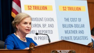 Rep. Carolyn Maloney, D-N.Y., chairwoman of the House Committee on Oversight and Reform, speaks at committee hearing on the role of fossil fuel companies in climate change, Thursday, Oct. 28, 2021, on Capitol Hill in Washington.
