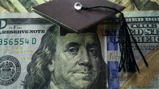 $100 bill with graduation cap on Ben Franklin