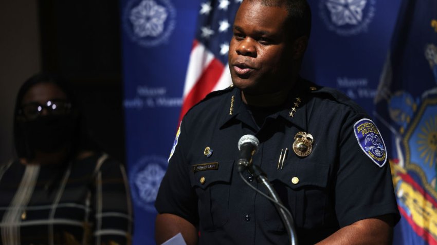 ROCHESTER, NEW YORK – SEPTEMBER 06: Police Chief La’Ron Singletary addresses members of the media during a press conference related to the ongoing protest in the city on September 06, 2020 in Rochester, New York. Daniel Prude died after being arrested on March 23, by Rochester police officers who had placed a “spit hood” over his head and pinned him to the ground while restraining him. Mayor Warren announced a commitment to improve the city’s response to mental health crisis. (Photo by Michael M. Santiago/Getty Images)