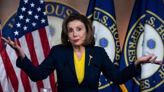 Speaker of the House Nancy Pelosi, D-Calif., conducts her weekly news conference in Capitol Visitor Center on Wednesday, December 15, 2021.