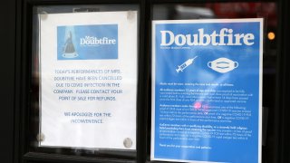A sign indicating canceled performances of “Mrs. Doubtfire” due to Covid is displayed in the window of the Stephen Sondheim Theatre on December 16, 2021 in New York City.
